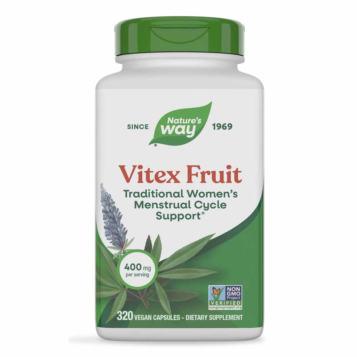 White bottle with green cap labeled "Nature's Way Vitex Fruit, 400mg per serving, 320 vegan capsules, dietary supplement."
