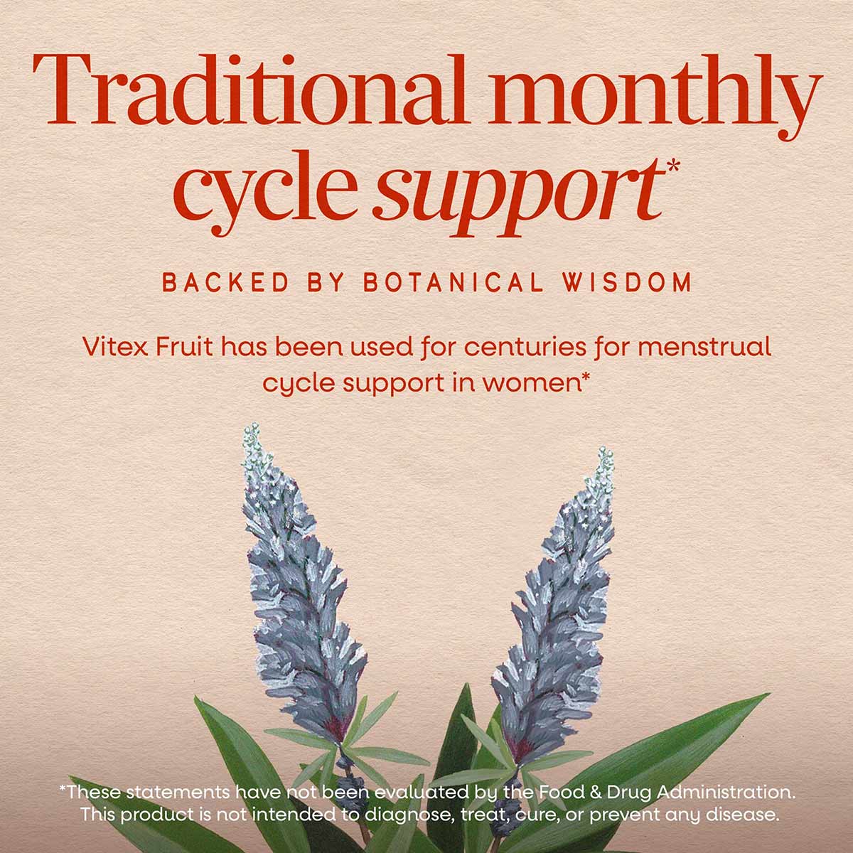 Vitex Fruit supplement bottle label featuring blue flowering plant illustration and text about monthly cycle support.