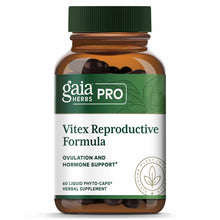 Amber glass bottle of Gaia Herbs Pro Vitex Reproductive Formula with green cap and label containing 60 dark liquid phyto-caps