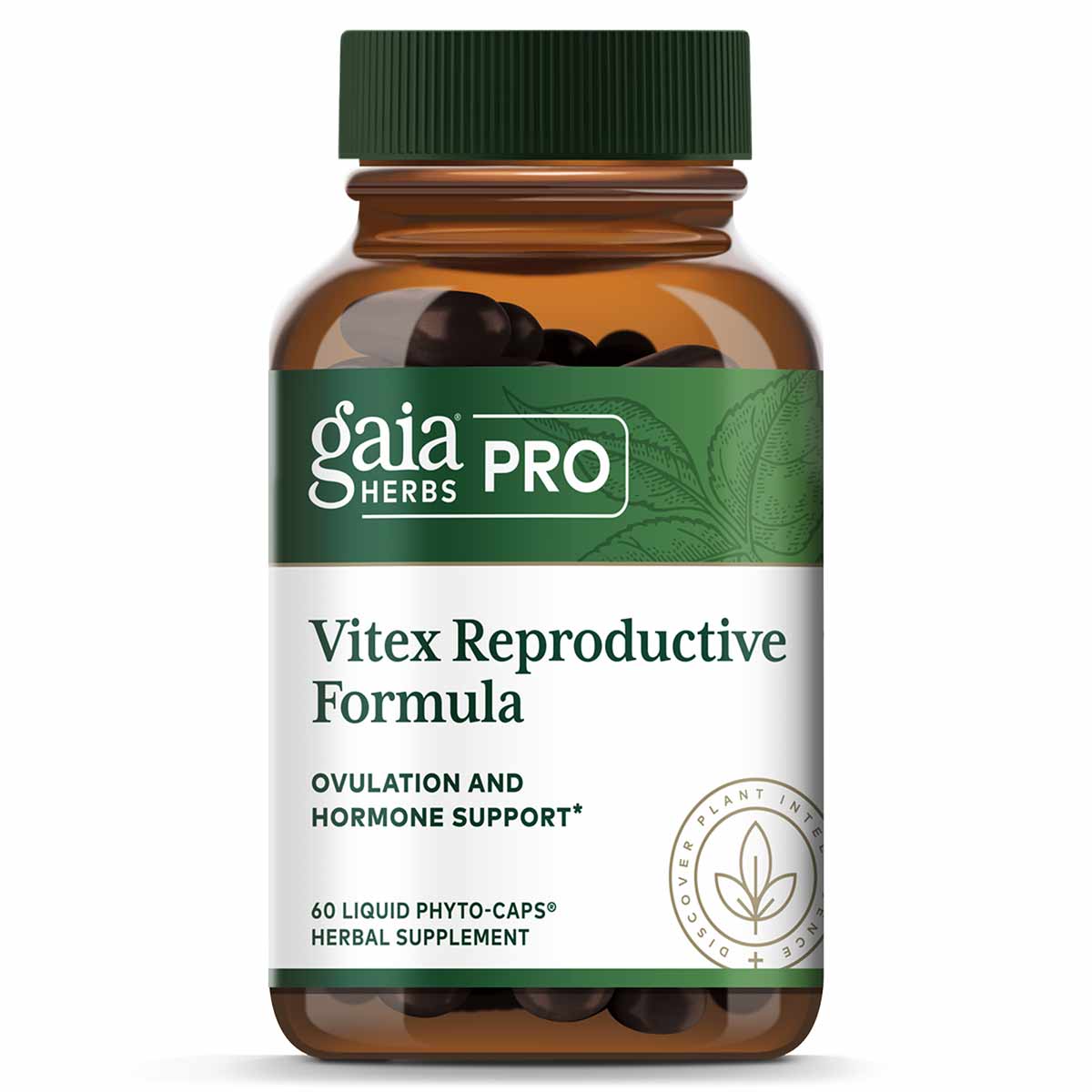 Amber glass bottle of Gaia Herbs Pro Vitex Reproductive Formula with green cap and label containing 60 dark liquid phyto-caps