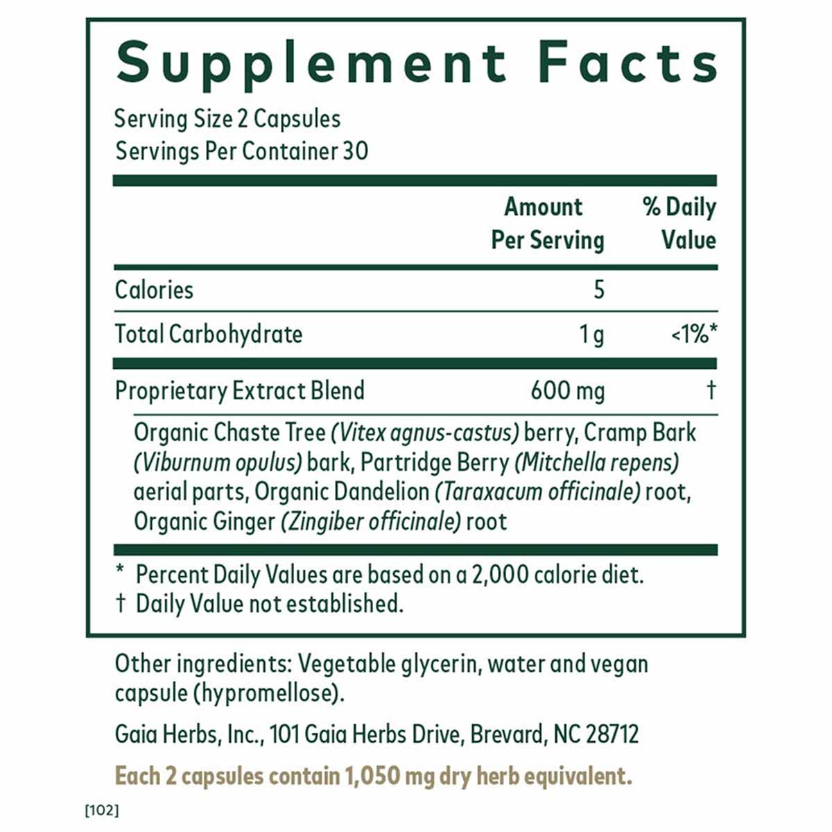 Supplement Facts label for Vitex Reproductive Formula showing serving size, ingredients including Chaste Tree berry and Cramp