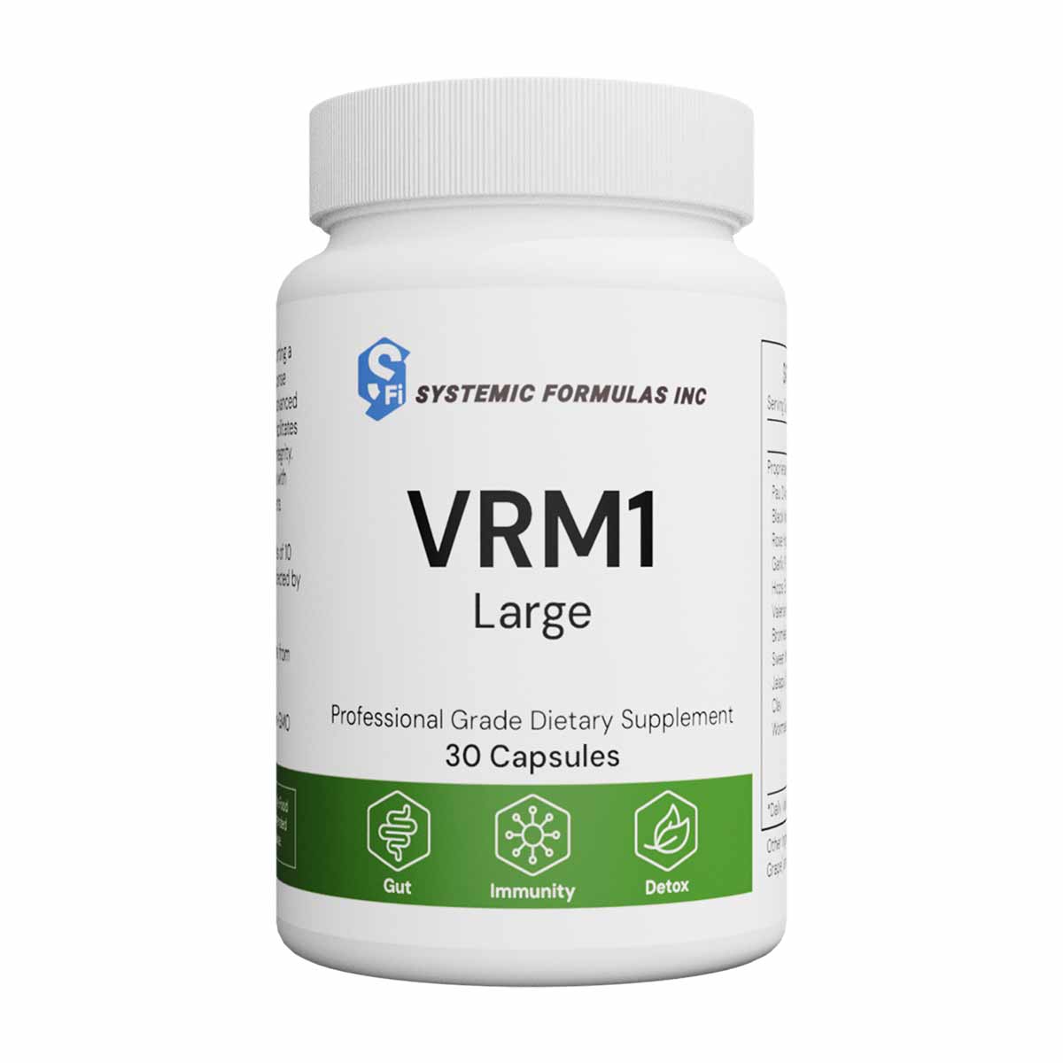White bottle labeled VRM1 Large by Systemic Formulas containing 30 capsules of professional grade dietary supplement.
