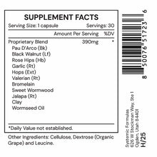 VRM1 supplement facts label showing 30 capsules with proprietary blend of 390mg per serving including botanicals and minerals