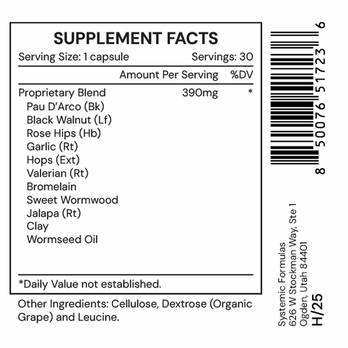 VRM1 supplement facts label showing 30 capsules with proprietary blend of 390mg per serving including botanicals and minerals