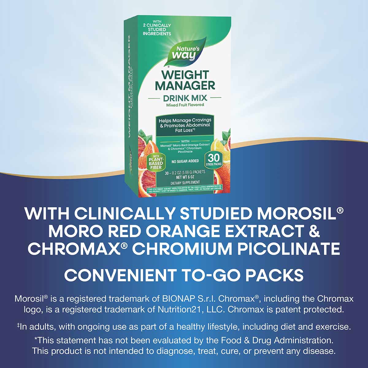 Nature's Way Weight Manager Drink Mix in mixed fruit flavor, 30 stick packs, 6 oz box.