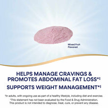 Pink powdered supplement in mixed fruit flavor on white background.