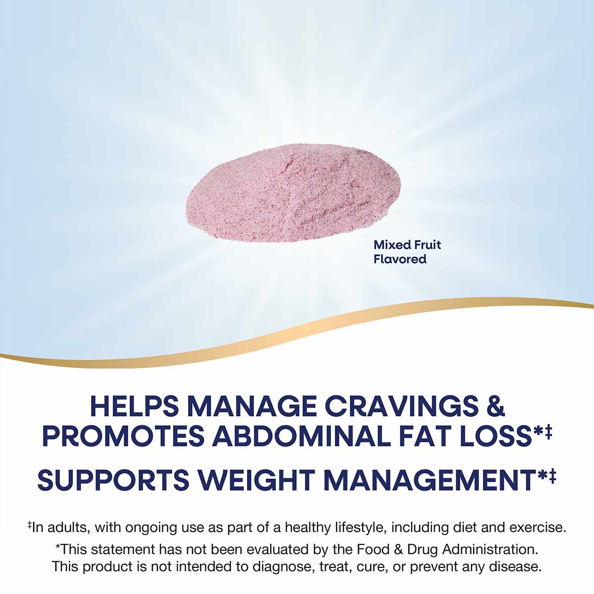 Pink powdered supplement in mixed fruit flavor on white background.
