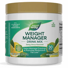 White container with gold lid of Nature's Way Weight Manager drink mix in zesty citrus flavor, 6 oz size.