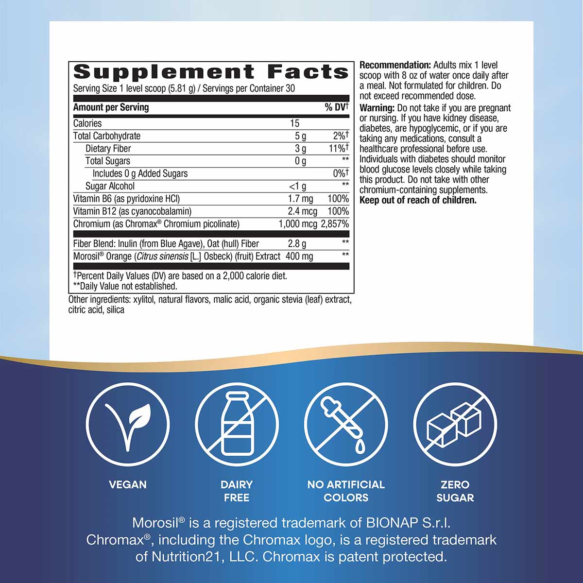 Supplement Facts label for Weight Manager showing ingredients, dosage instructions, warnings, and icons indicating vegan, dai