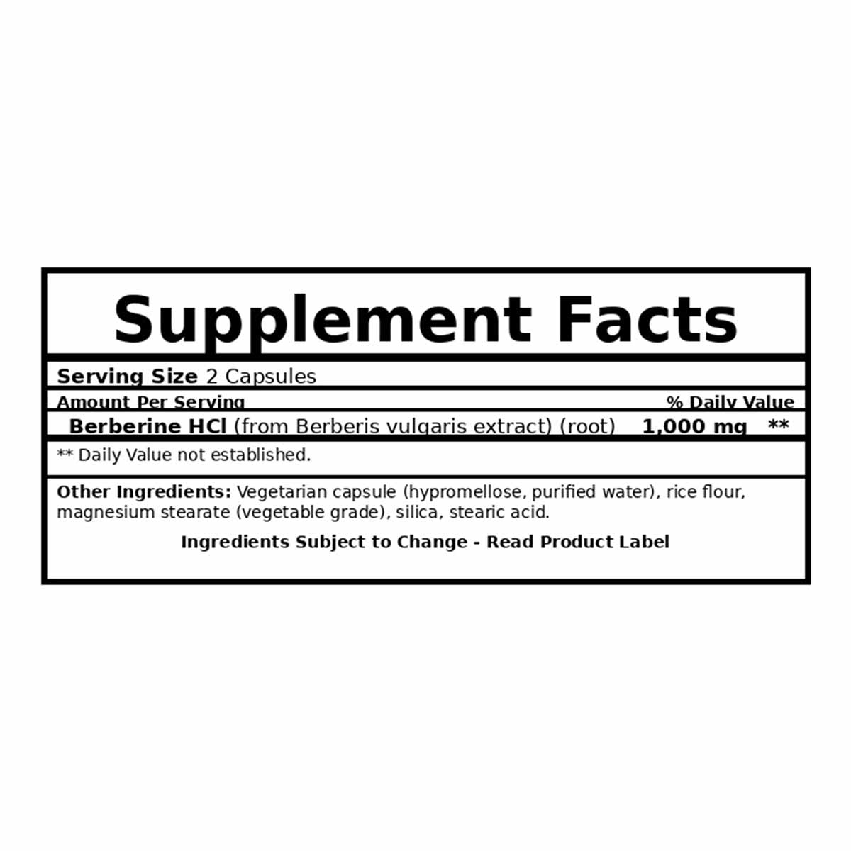 Supplement Facts label showing 1,000 mg Berberine HCl per 2-capsule serving with vegetarian capsule ingredients listed.