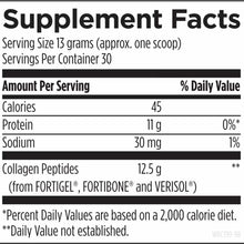 Supplement Facts label showing serving size of 13 grams with 30 servings per container and collagen peptides as main ingredie