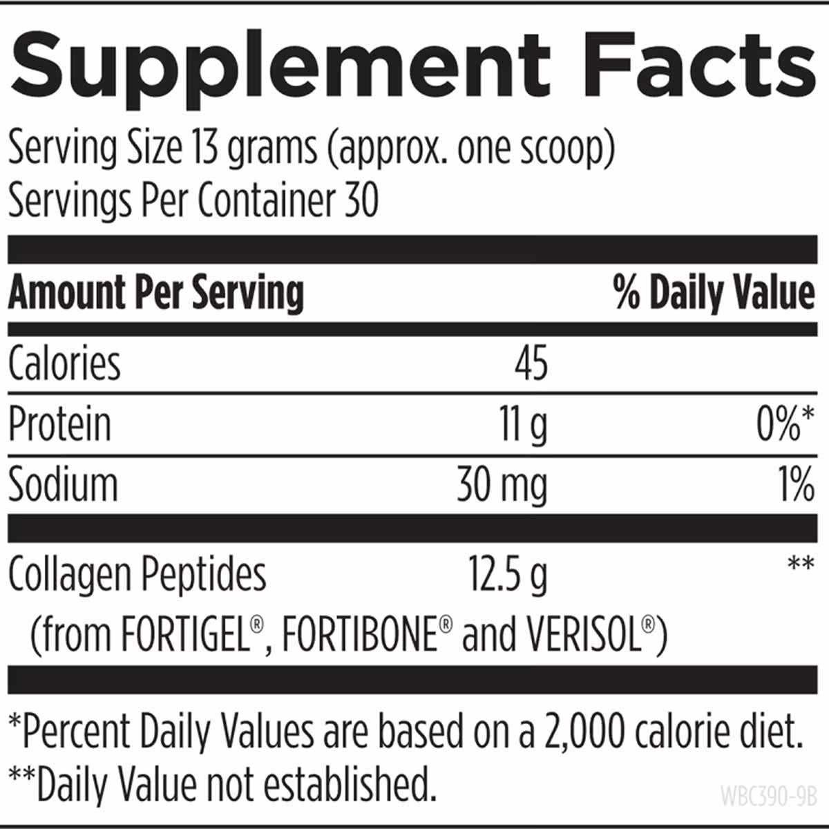 Supplement Facts label showing serving size of 13 grams with 30 servings per container and collagen peptides as main ingredie