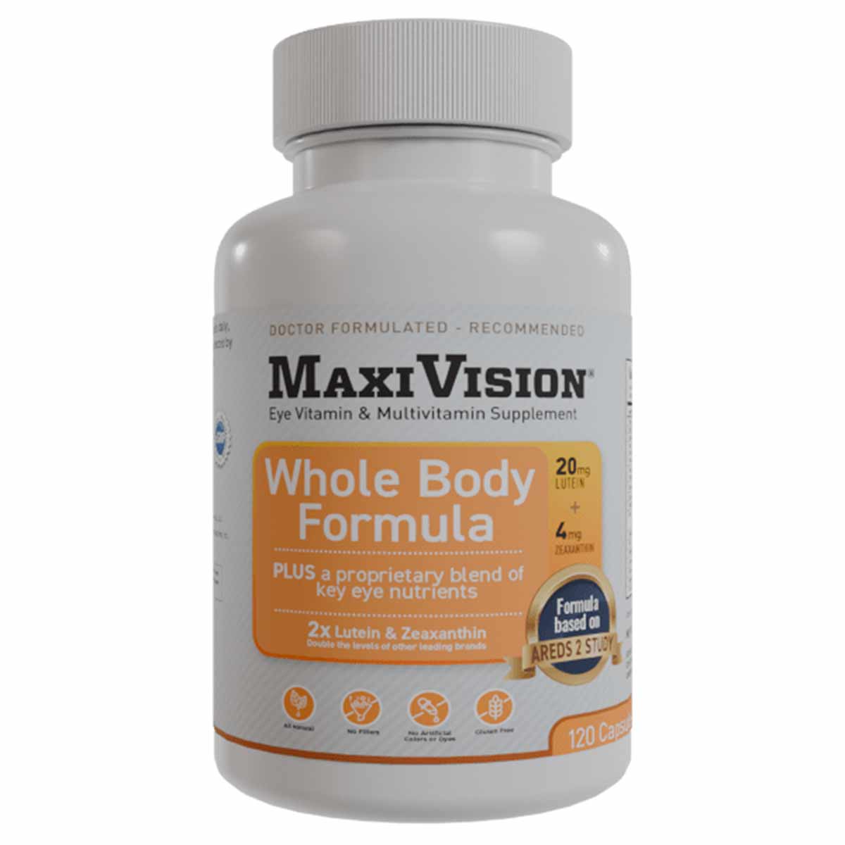 White bottle of MaxiVision Whole Body Formula eye vitamin and multivitamin supplement containing 120 capsules with orange lab