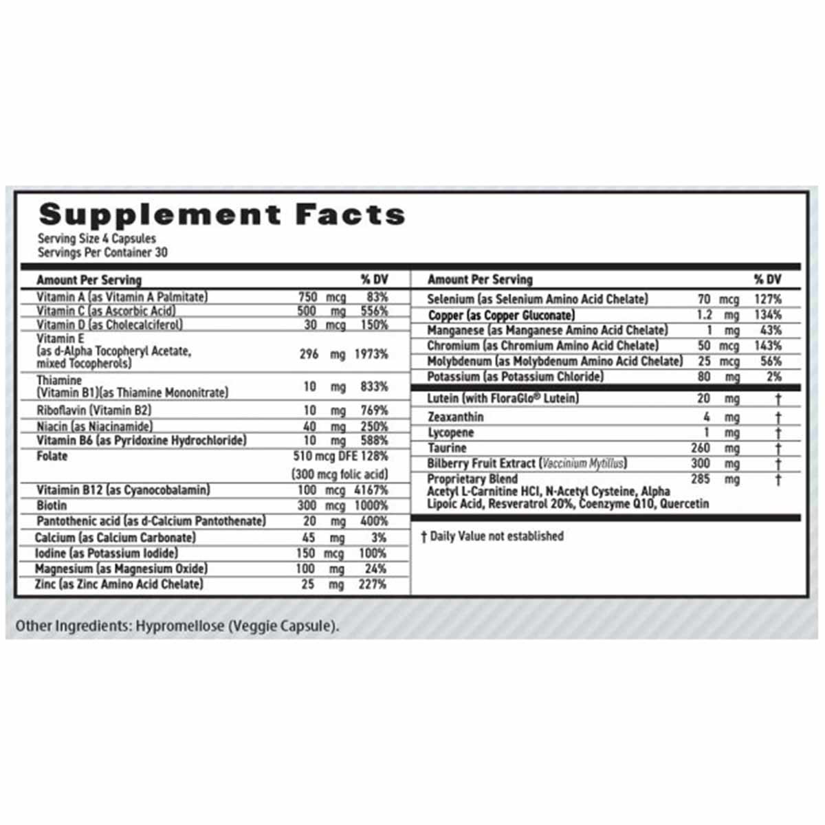 Supplement Facts label for MaxiVision Whole Body Formula showing serving size of 4 capsules with vitamins, minerals, and plan