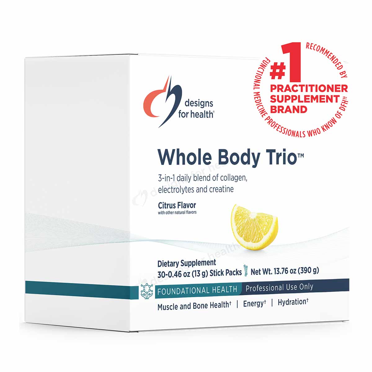 Designs For Health Whole Body Trio dietary supplement box in citrus flavor with 30 stick packs, 13.76 oz total.