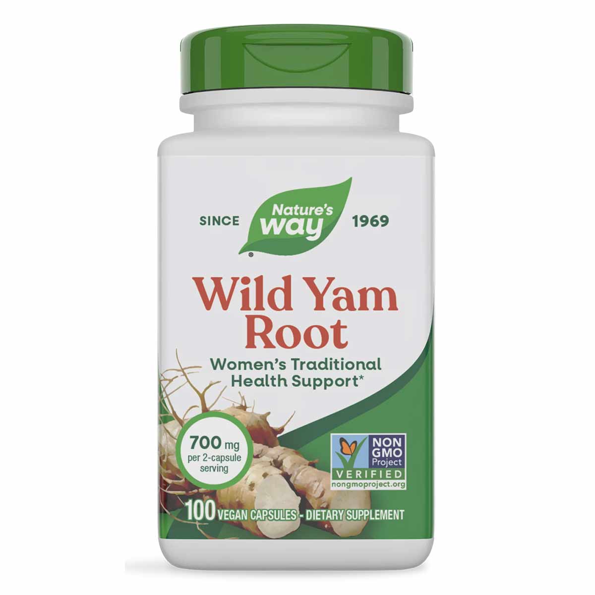 White bottle with green cap containing Nature's Way Wild Yam Root supplement, 100 vegan capsules, 700mg per serving.