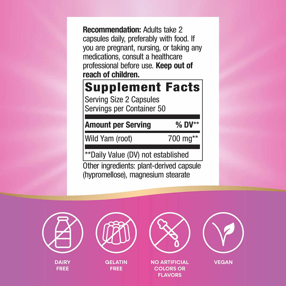 Wild Yam Root supplement label showing 700mg per serving with supplement facts, dosage recommendations, and vegan, dairy-free
