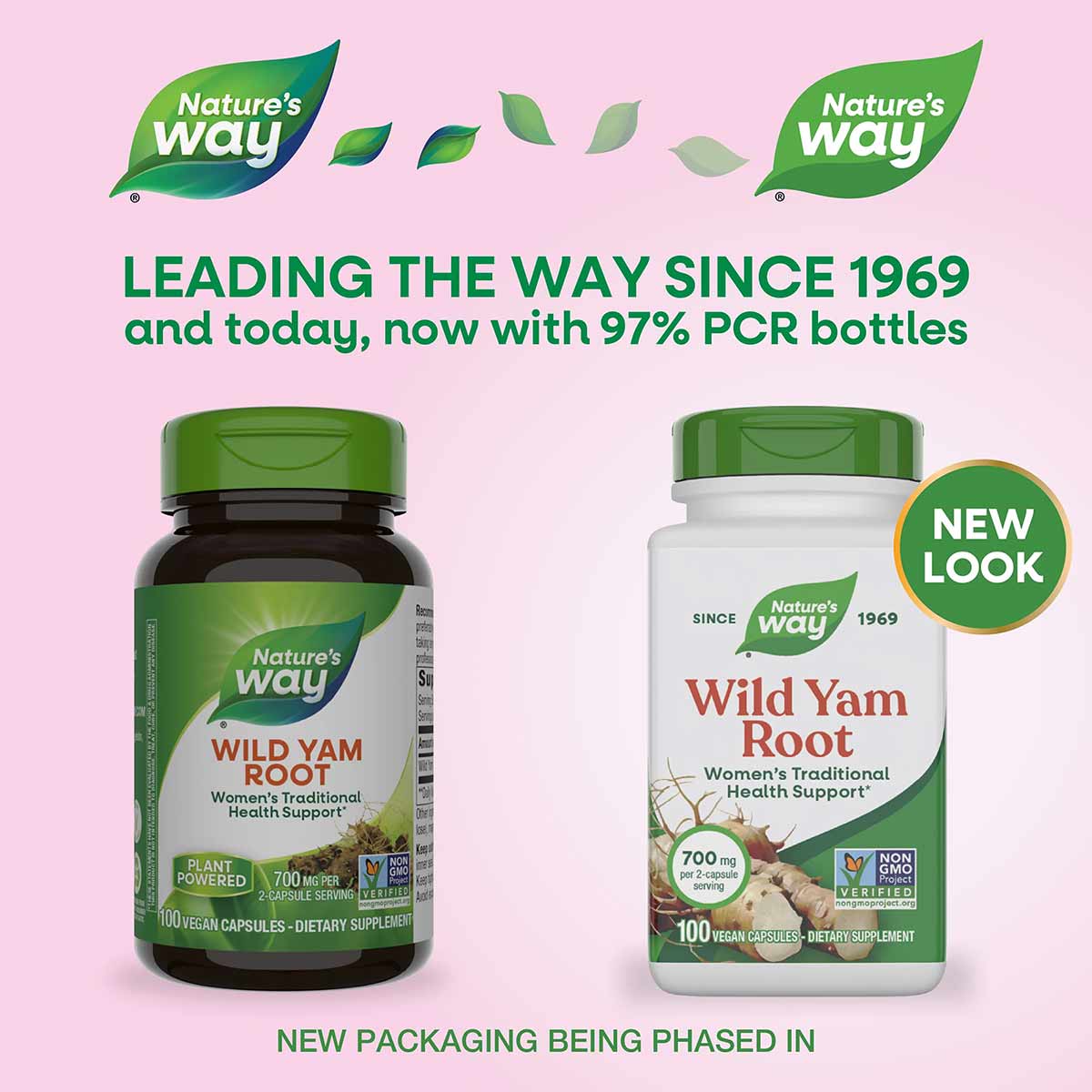 Two Nature's Way Wild Yam Root supplement bottles with green caps on pink background, showing old dark bottle and new white b