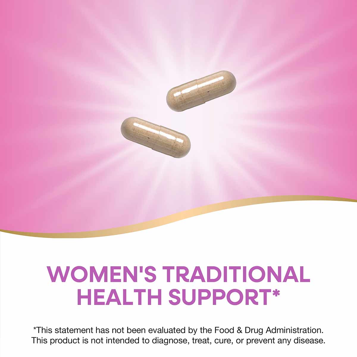 Two tan herbal supplement capsules on a pink background with gold wave design and text stating women's traditional health sup