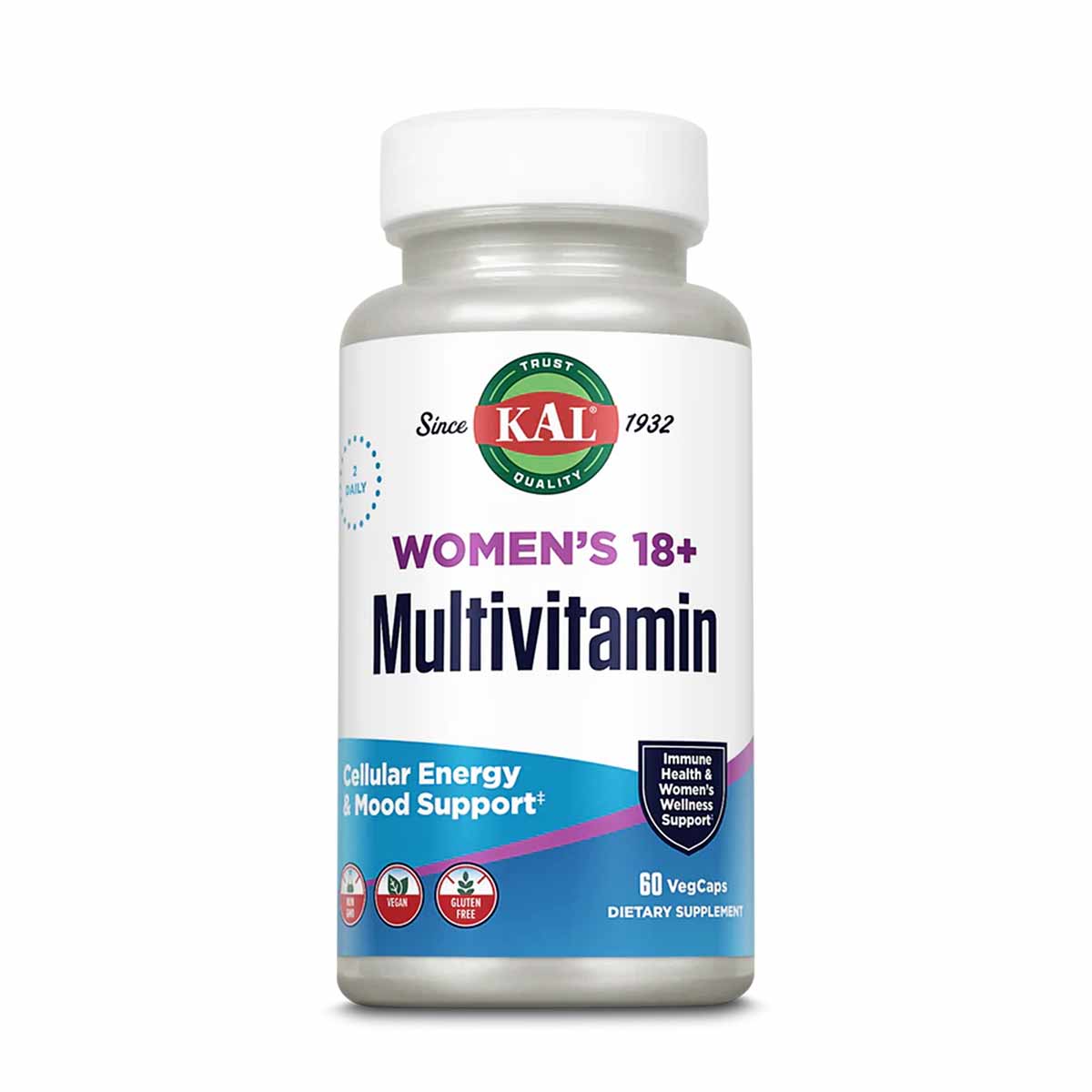 Kal Women's 18+ Multivitamin bottle with white cap and label showing 60 vegcaps.