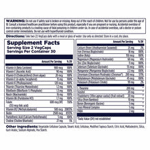 Supplement Facts label for Women 18+ Multivitamin showing serving size of 2 VegCaps with 30 servings per container and detail