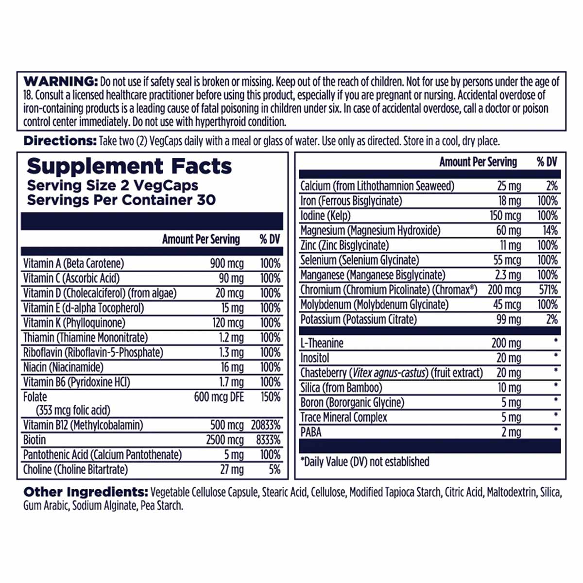 Supplement Facts label for Women 18+ Multivitamin showing serving size of 2 VegCaps with 30 servings per container and detail