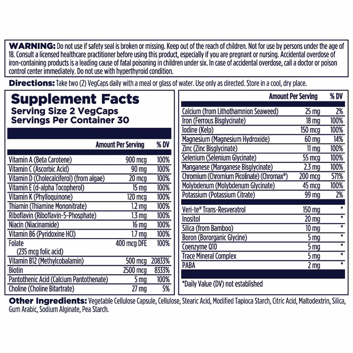 Supplement Facts label for Kal Women 50+ Multivitamin showing serving size, ingredients, and daily values.