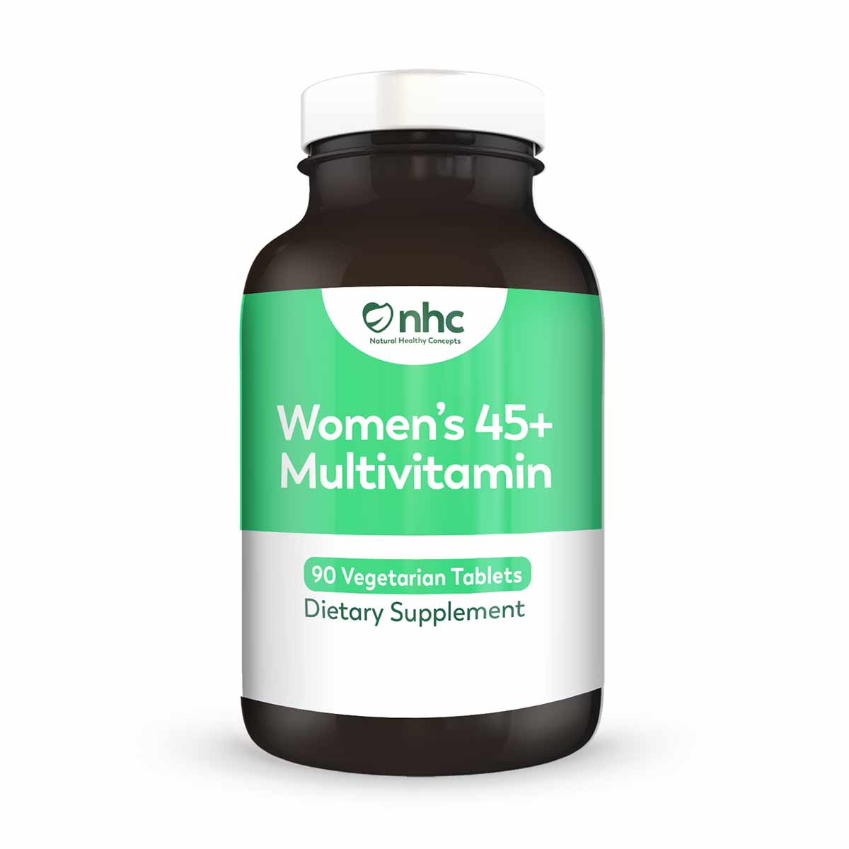 Brown glass bottle with green and white label displaying "Women's 45+ Multivitamin" by nhc, containing 90 vegetarian tablets.