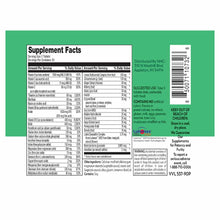 Supplement Facts label for Women's 45+ Multivitamin showing serving size, daily values, and ingredients on green background.