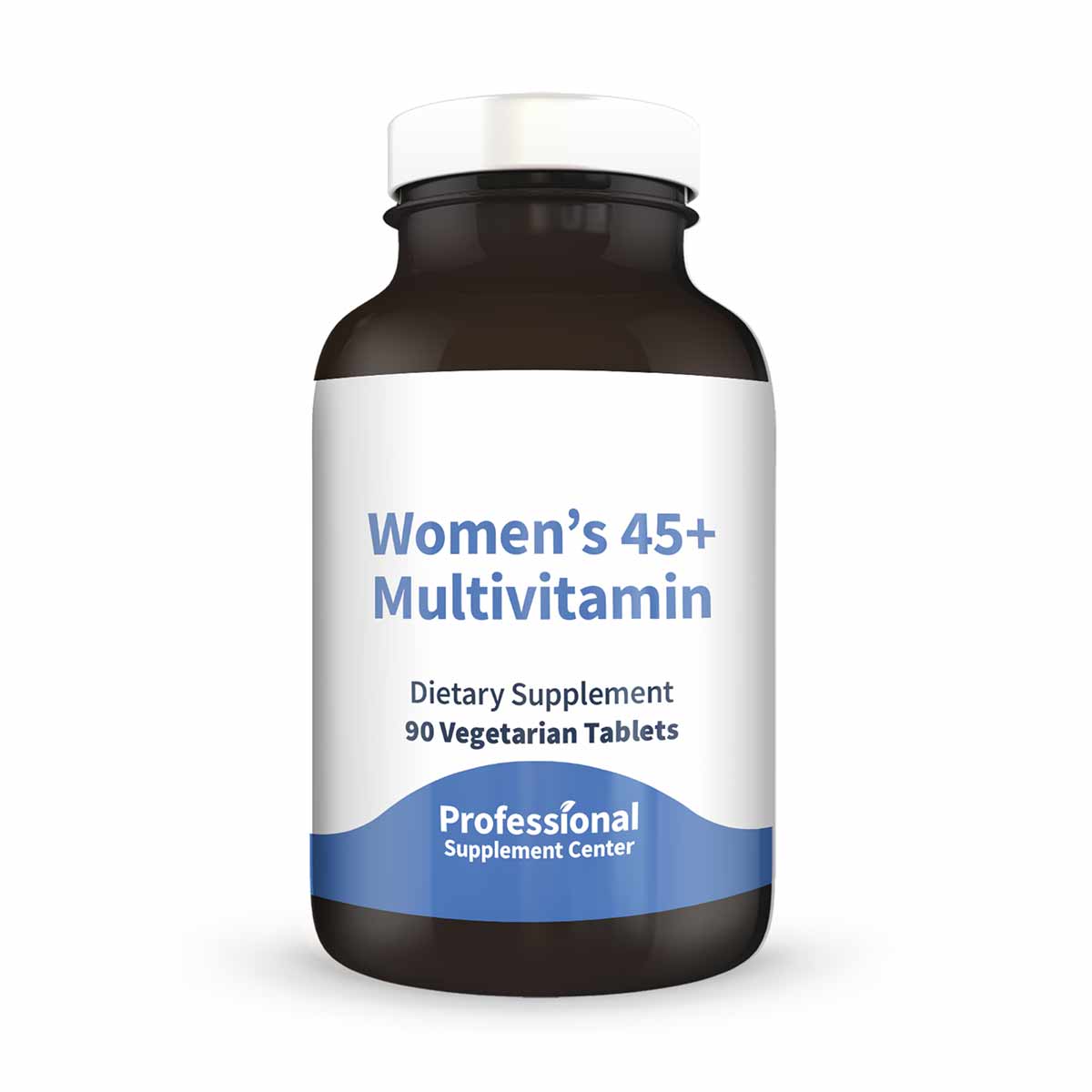 Dark glass bottle with white and blue label reading "Women's 45+ Multivitamin, 90 Vegetarian Tablets" by Professional Supplem