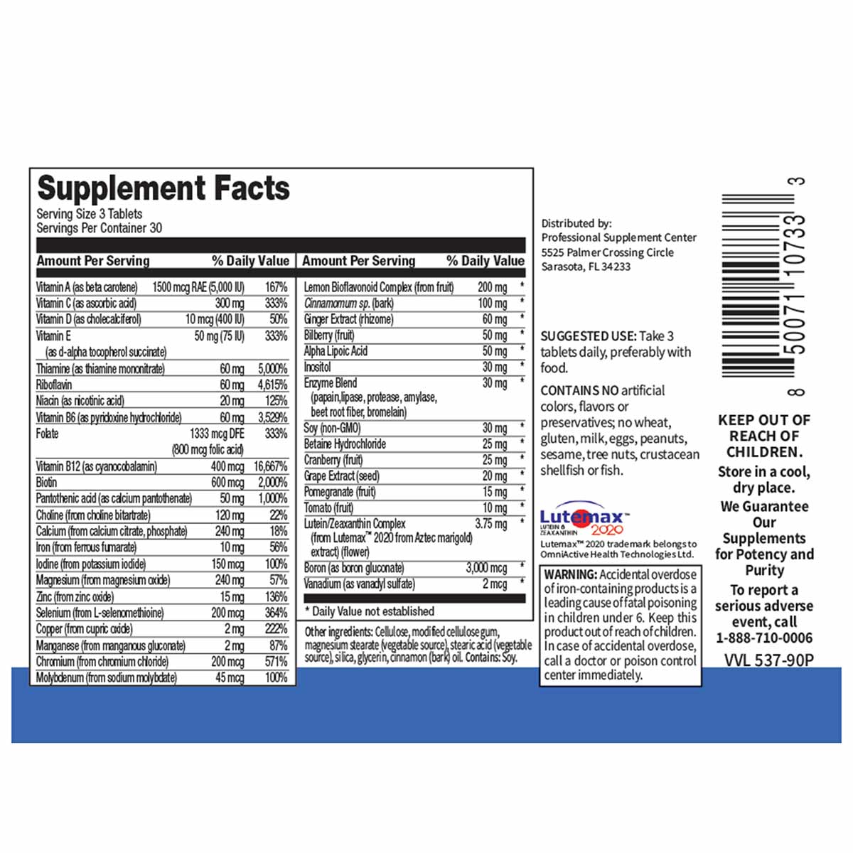 Supplement Facts label for Women's 45+ Multivitamin by Professional Supplement Center showing serving size, daily values, and