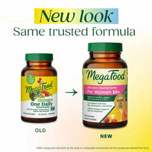 Two brown glass bottles of Megafood Women's 55+ One Daily Multivitamin with green caps, showing old and new label designs.