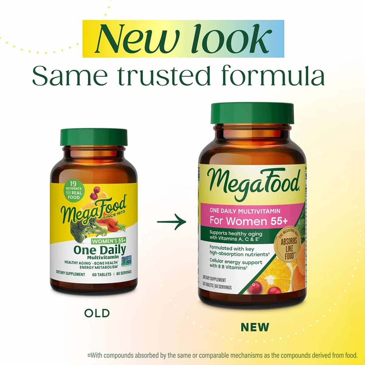 Two brown glass bottles of Megafood Women's 55+ One Daily Multivitamin with green caps, showing old and new label designs.