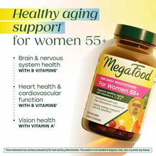 Megafood Women 55+ One Daily Multivitamin bottle with green cap on yellow background with product benefits text.