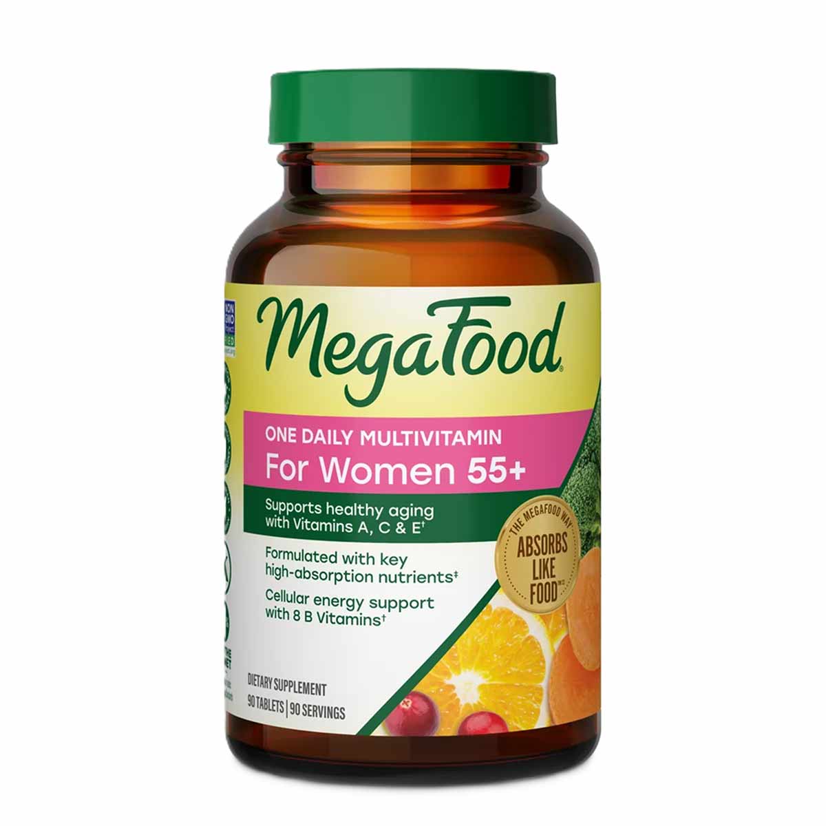 Megafood Women 55+ One Daily Multivitamin bottle with green cap and yellow label featuring citrus fruit imagery.