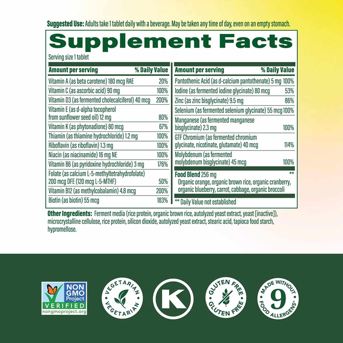 Supplement Facts label for Megafood Women's 55+ One Daily Multivitamin tablet with ingredients and certification badges.