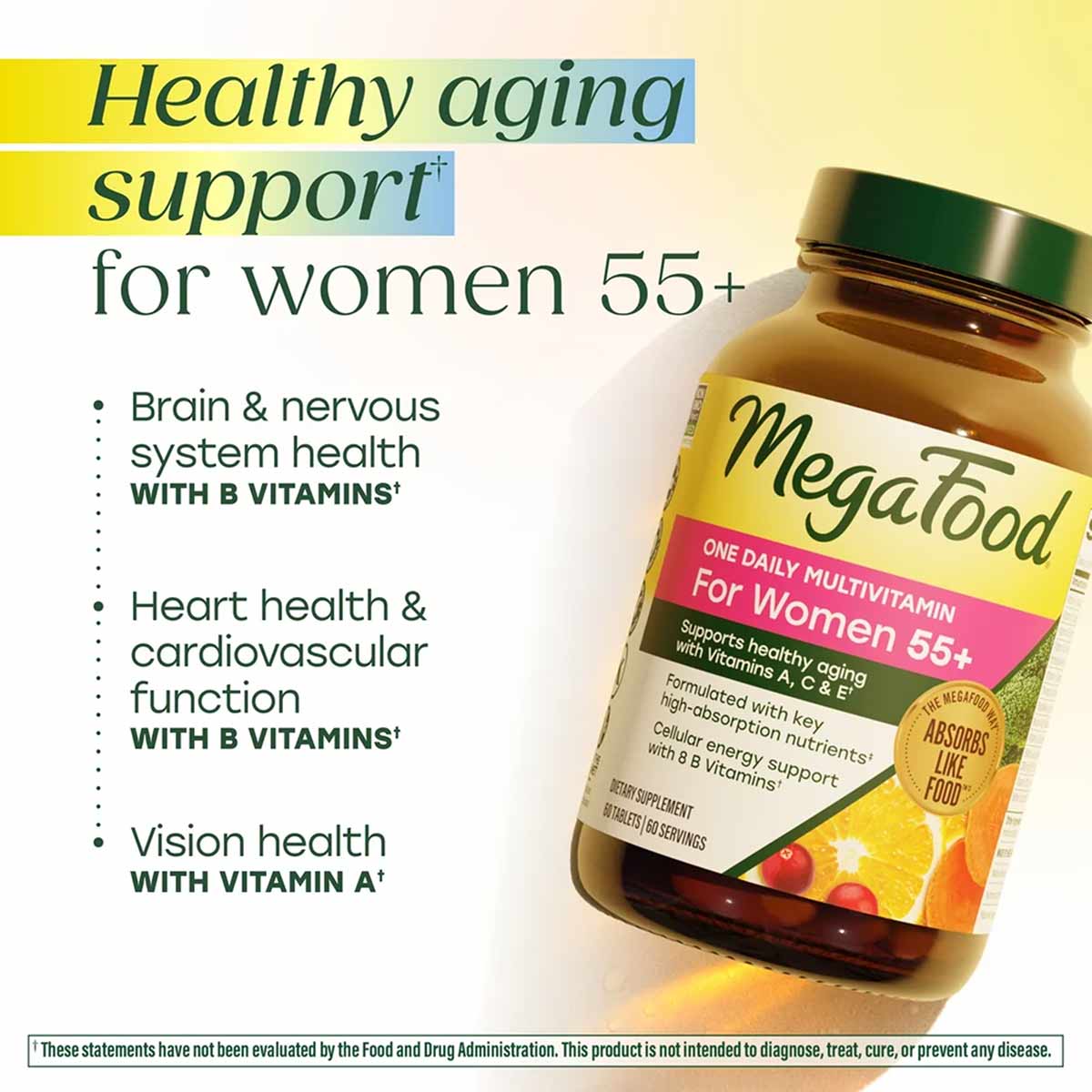 Megafood Women 55+ One Daily Multivitamin bottle with green cap and label on yellow background.