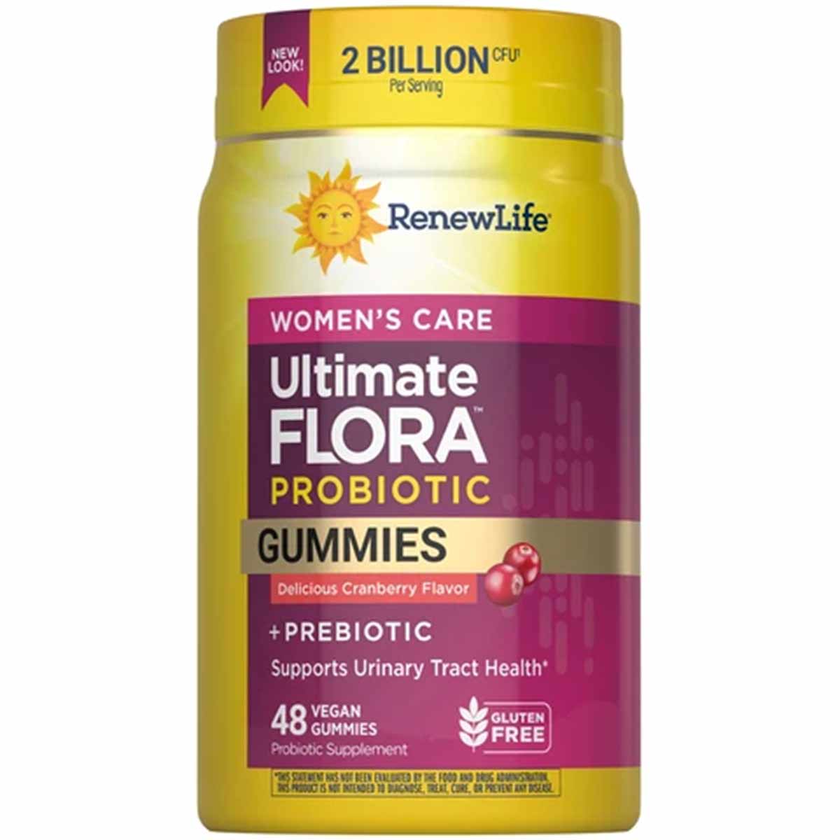 Renew Life Women's Care Ultimate Flora Probiotic Gummies bottle with yellow and purple labeling, showing cranberry flavor and