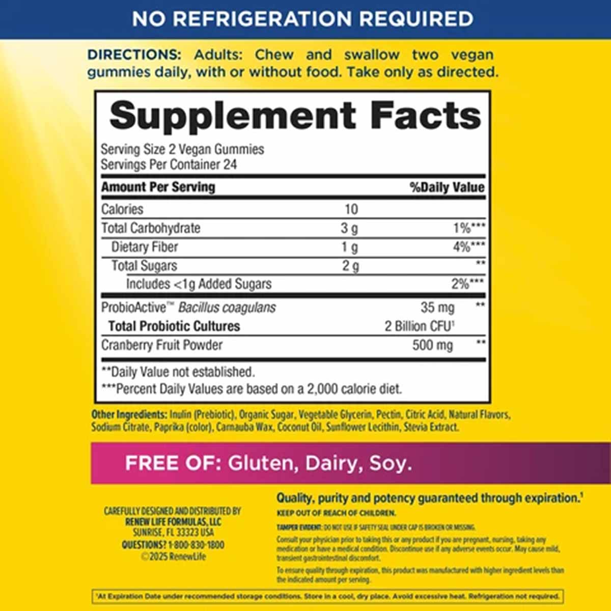 Renew Life Women's Care Gummy Probiotics + Prebiotics supplement facts label showing 2 billion CFU probiotics and cranberry p