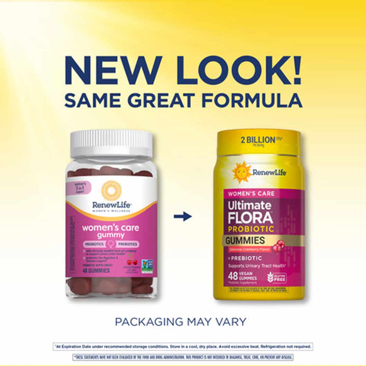 Renew Life Women's Care gummy probiotics in clear and yellow bottles with white caps, containing dark red gummies.