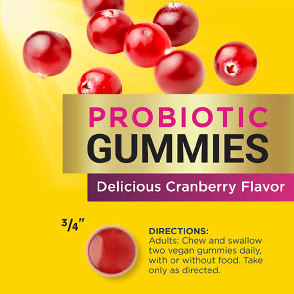 Red cranberry-flavored probiotic gummies displayed against yellow background with product information and usage directions.