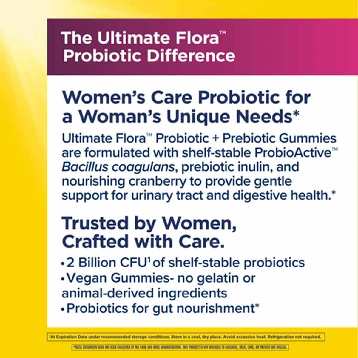 Renew Life Women's Care Probiotic gummy supplement package with purple and white label on yellow background.