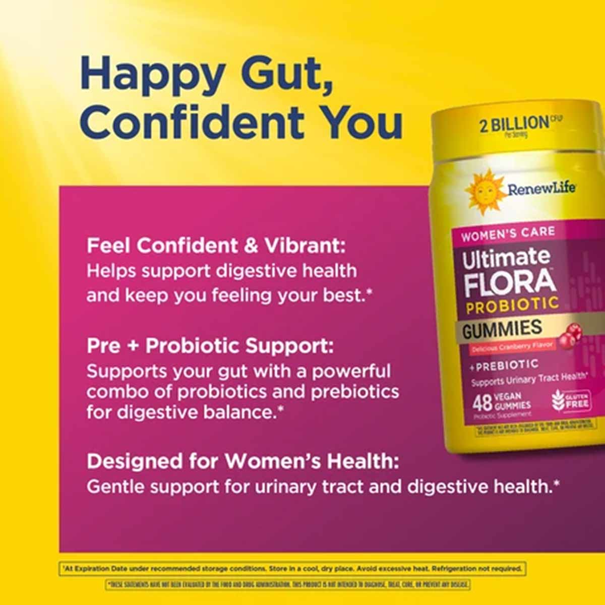 Yellow and magenta packaging for Renew Life Women's Care Ultimate Flora Probiotic Gummies with 2 billion CFU and cranberry fl