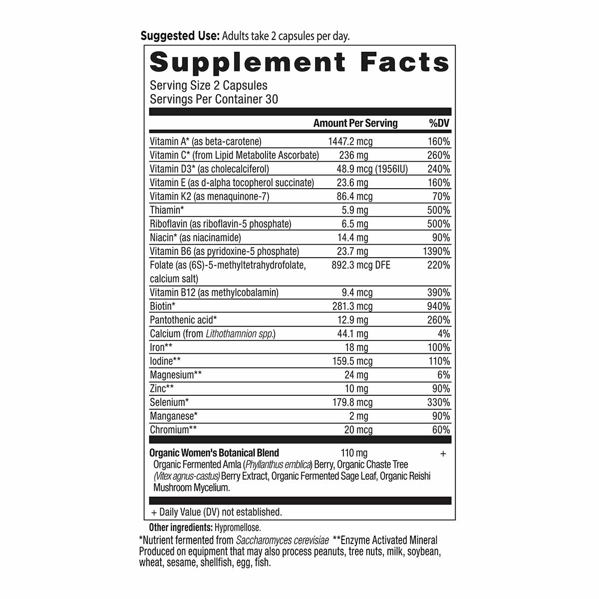 Supplement Facts label for Women's Fermented Multi showing vitamins, minerals, and botanical ingredients with serving size of