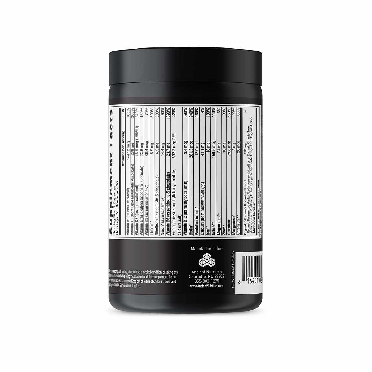 Black cylindrical bottle with black cap, white label showing supplement facts and ingredients for Women's Fermented Multi by 