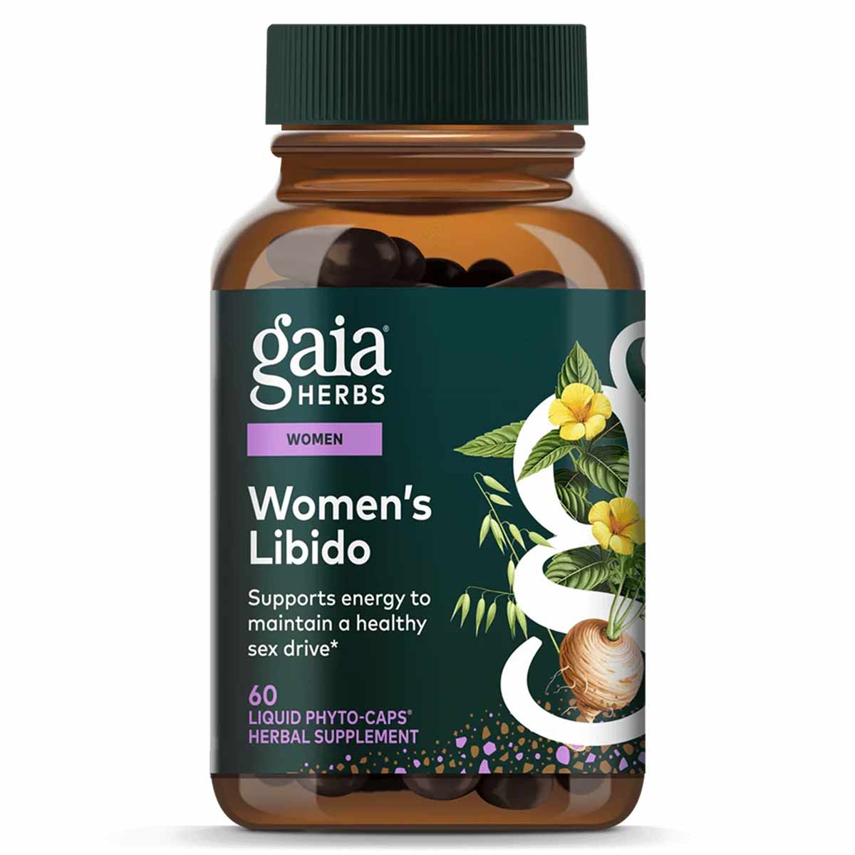 Brown glass bottle of Gaia Herbs Women's Libido with green cap containing 60 dark capsules and teal label with botanical illu