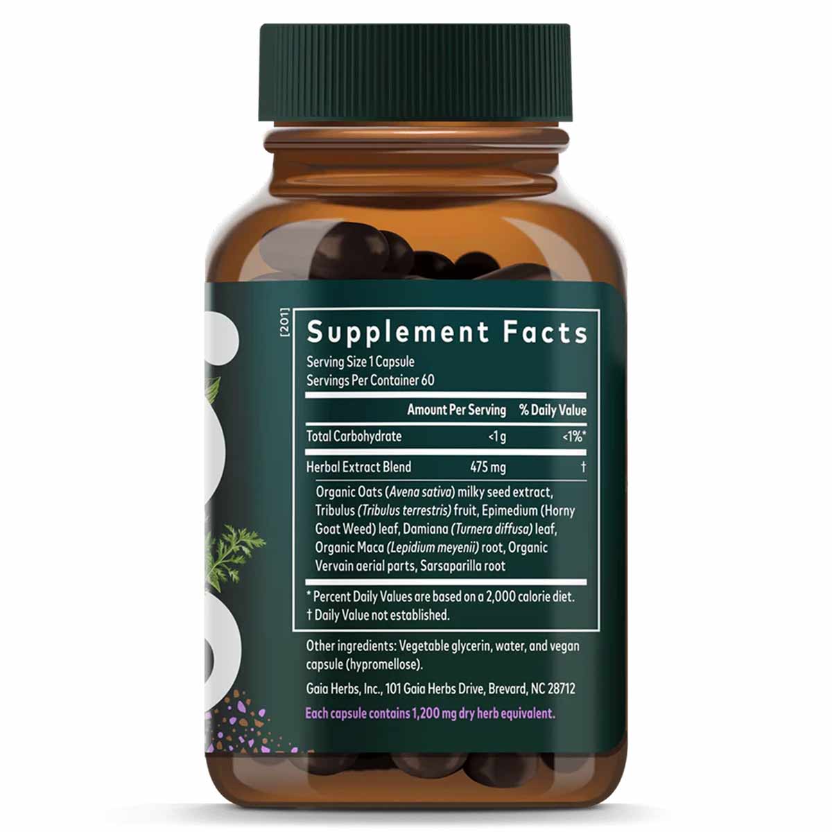 Amber glass bottle with green cap containing dark capsules and Supplement Facts label listing herbal ingredients.