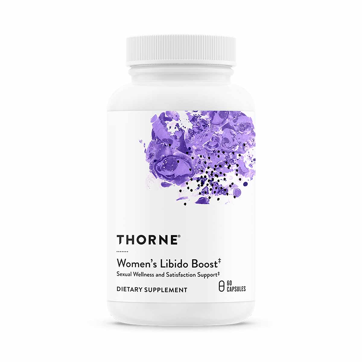 White capsule bottle with purple watercolor design, labeled "Thorne Women's Libido Boost" dietary supplement, 60 capsules.