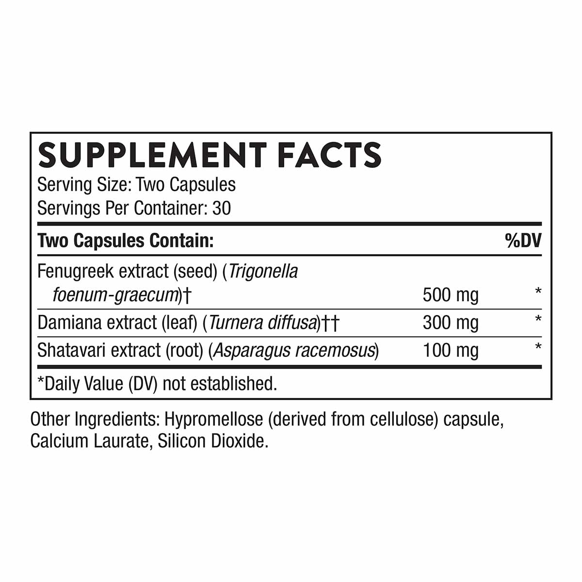 Supplement Facts label listing serving size, ingredients including fenugreek extract, damiana extract, and shatavari extract,