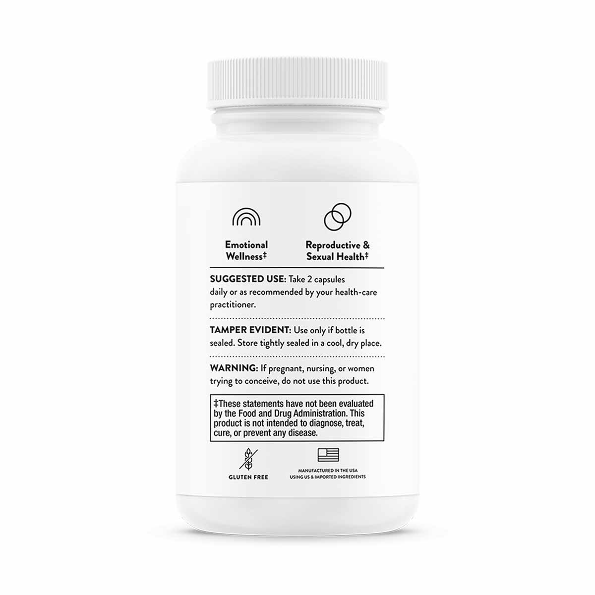 White supplement bottle with gray ribbed cap and label featuring product information and icons for emotional wellness and rep